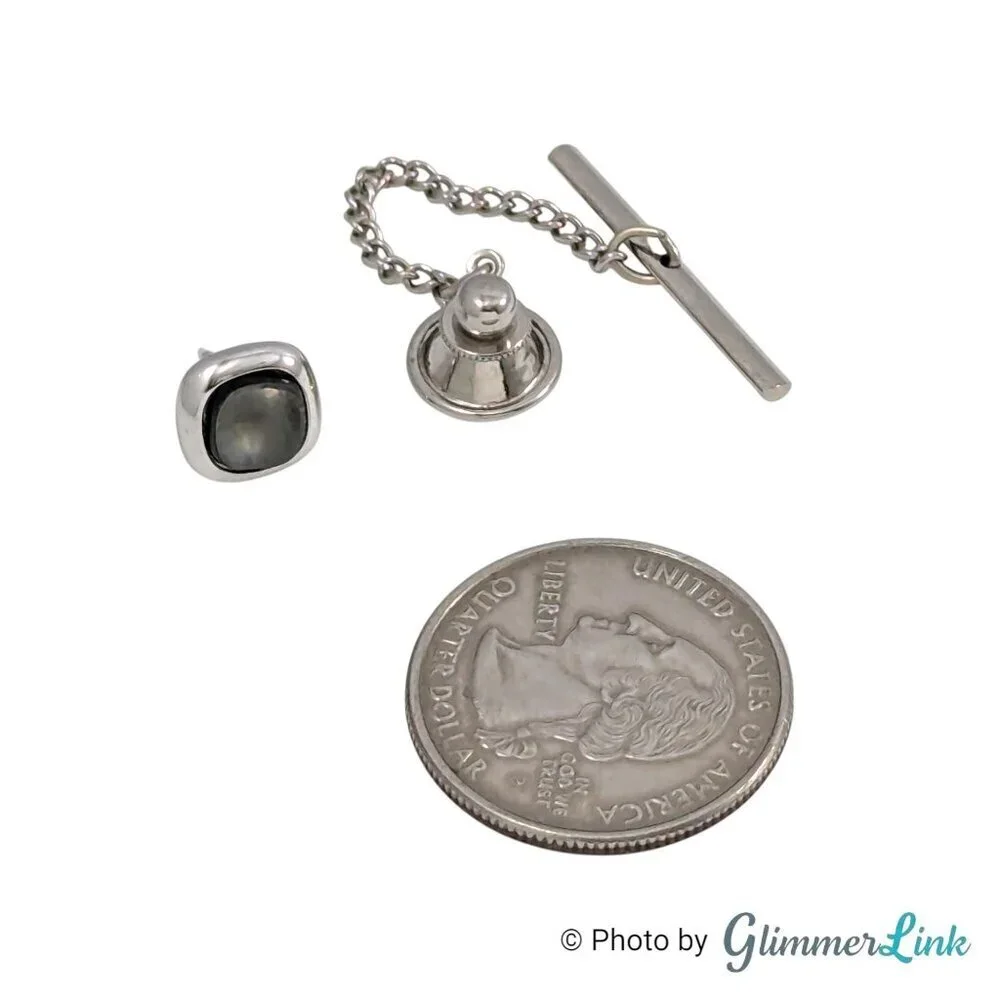Vintage Swank Silver Tone Tie Tack with Shell Cabochon, Chain & T-Bar